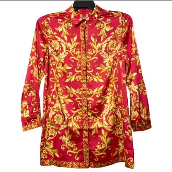 Chico's Women's Boho Ornate Scroll-Print Long Sleeve Tunic Sz Small Pink Gold - Picture 7 of 14